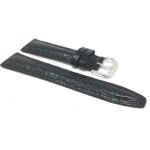 Side view of Black Womens Leather Strap, Lizard Pattern, Padded, Glossy with Silver Tone Buckle
