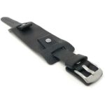 Side view of Black Mens Leather Band Wrist Cuff, Rectangular Bund Strap - 20mm, Black with Silver Tone Buckle