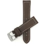 Top view of Brown Thick Mens Leather Watch Strap, Racer, White Stitch with Stainless Steel Buckle