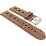 Side view of Brown Mens Leather Vintage Style Rally Strap, 3 Holes, Racing Watch Band with Stainless Steel Buckle