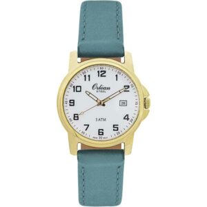 Orlean Mens Easy to Read Watch with Date - 316L Stainless Steel Case, Leather Watch Band - 38mm Analog Men's Leather Wrist Watches - White Dial, Big Easy Read Numbers - Gold / Light Blue Band
