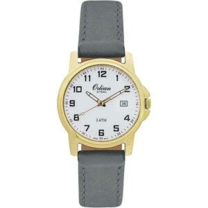 Orlean Mens Easy to Read Watch with Date - 316L Stainless Steel Case, Leather Watch Band - 38mm Analog Men's Leather Wrist Watches - White Dial, Big Easy Read Numbers - Gold / Grey Band