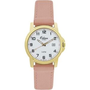 Orlean Mens Easy to Read Watch with Date - 316L Stainless Steel Case, Leather Watch Band - 38mm Analog Men's Leather Wrist Watches - White Dial, Big Easy Read Numbers - Gold / Light Pink Band