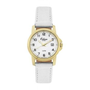 Orlean Womens Easy to Read Watch with Date - 316L Stainless Steel Case, Leather Watch Band - 27mm Analog Ladie's Wrist Watches - White Dial, Big Easy Read Numbers - Gold / White Band