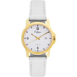 Orlean Mens Easy to Read Watch with Date - 316L Stainless Steel Case with Leather Watch Band - 38mm Analog Men's Wrist Watches - White Dial - Gold / White Band
