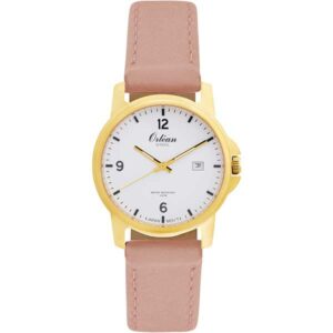 Orlean Mens Easy to Read Watch with Date - 316L Stainless Steel Case with Leather Watch Band - 38mm Analog Men's Wrist Watches - White Dial - Gold / Light Pink Band